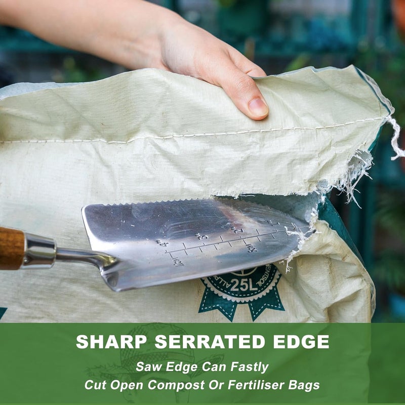 Haliaeetus Garden Trowel with Serrated Edge, 4'' Depth Marks Planting Shovel, V-Shaped Sharp Edge Garden Tool, Stainless Steel with Comfortable Wood Handle for Planting and Weeding - Image 3